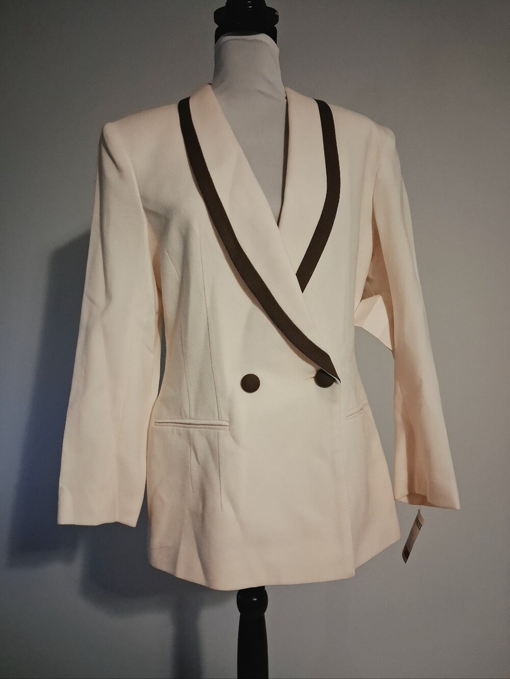 Vintage Gianni Ivory And Brown Double Breasted Wool Blazer Size 12